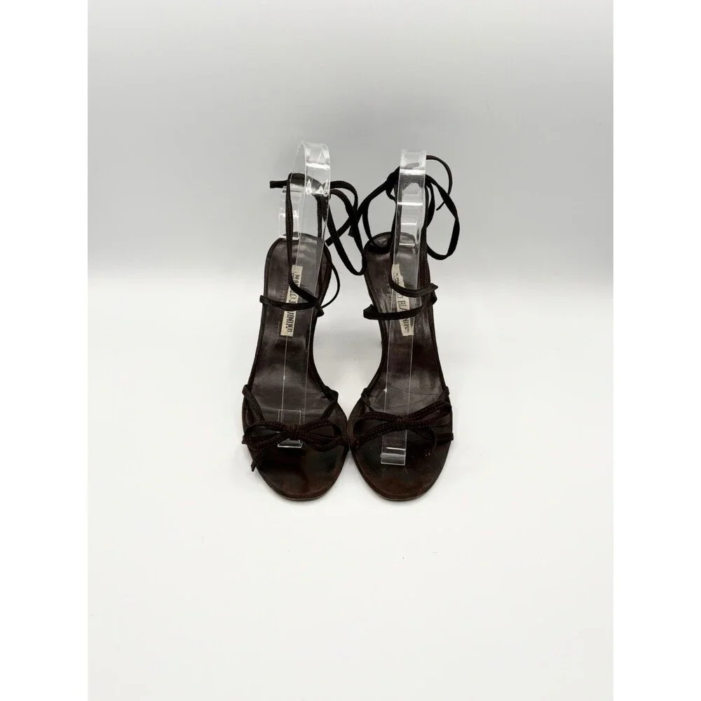 Manolo Blahnik Brown Suede Ribbon Accent Lace Up Heels Vintage Size EU 36.5